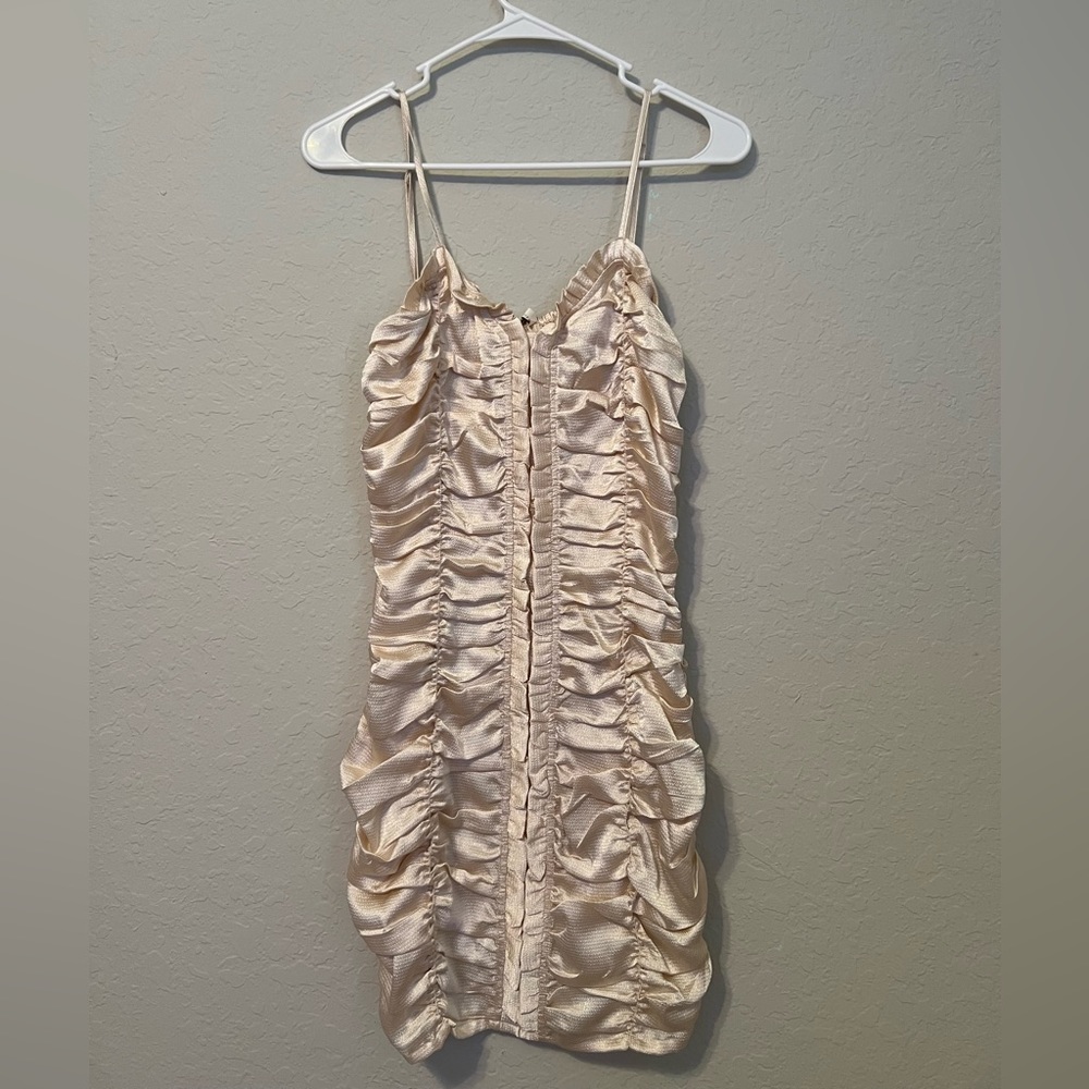Beige/Champagne colored ruched mini dress